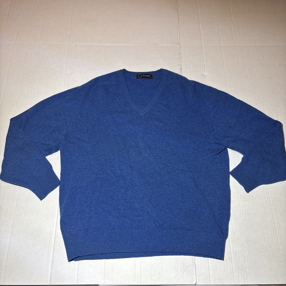 Vintage Faconnable Sweater Mens Large Blue Lambs Wool V Neck Scotland